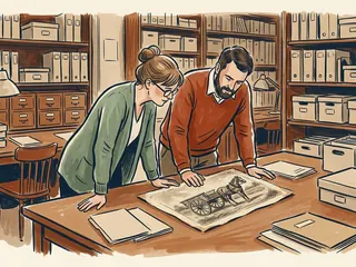 Dos personas observan una ilustración ficticia de un caballo junto a un carro en una mesa de archivo.