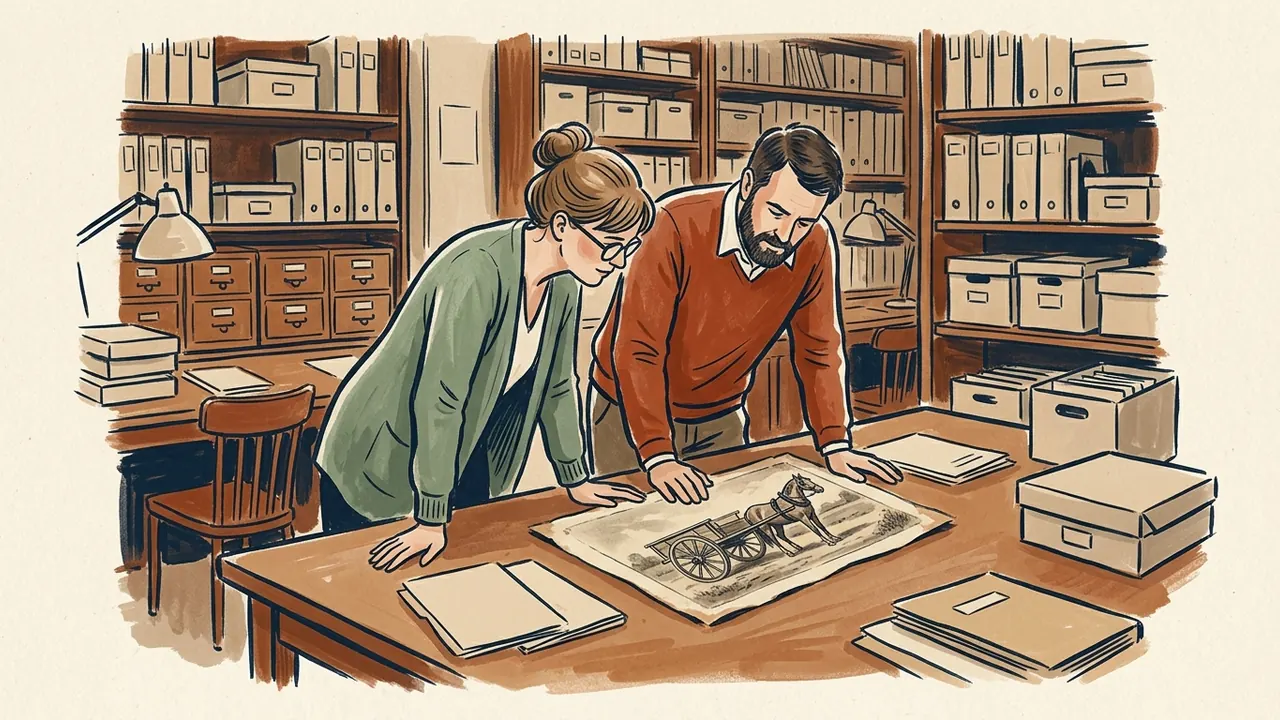 Dos personas observan una ilustración ficticia de un caballo junto a un carro en una mesa de archivo.