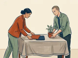 Dos personas preparan una mesa con carpetas cerradas y una planta.