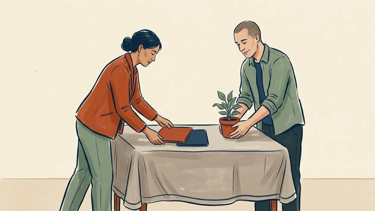 Dos personas preparan una mesa con carpetas cerradas y una planta.