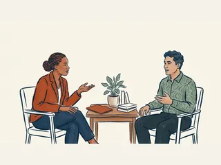 Dos personas adultas conversan junto a una mesa con una carpeta y una planta.