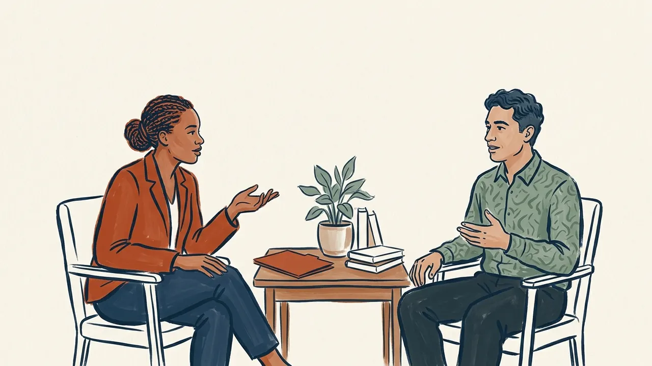 Dos personas adultas conversan junto a una mesa con una carpeta y una planta.