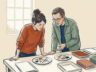 Dos personas observan composiciones geométricas sobre soportes circulares en una mesa.