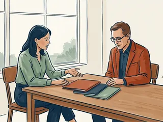 Dos personas conversan junto a tres carpetas cerradas sobre una mesa.