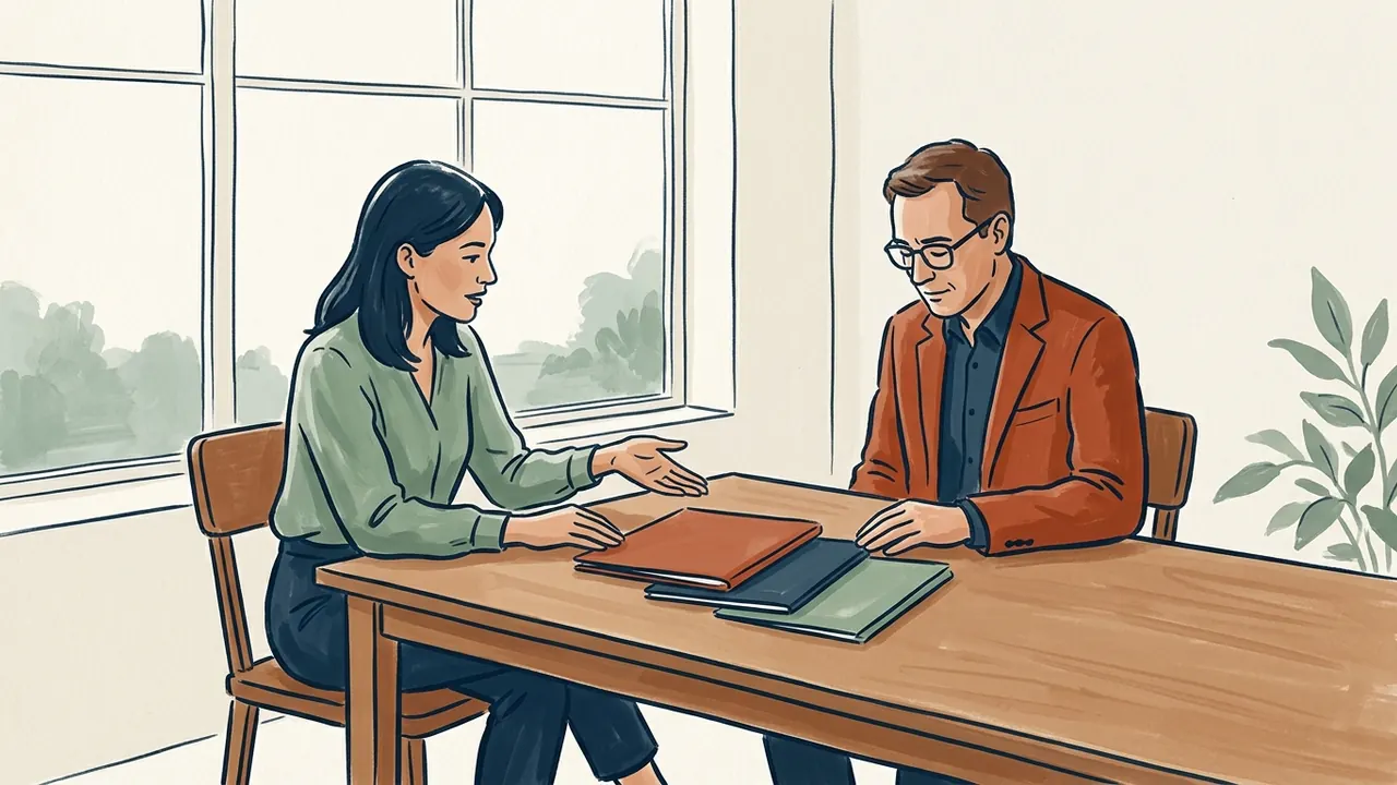 Dos personas conversan junto a tres carpetas cerradas sobre una mesa.