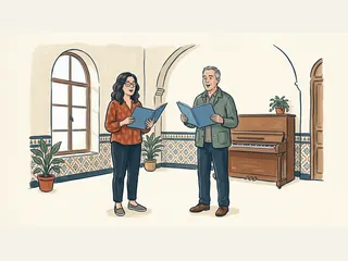Dos adultos cantan con carpetas abiertas en una sala de ensayo con piano y azulejos.
