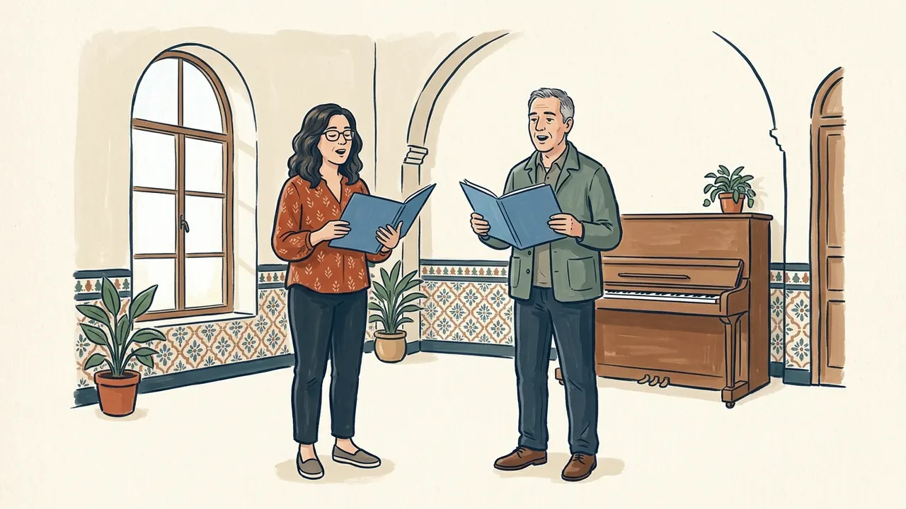 Dos adultos cantan con carpetas abiertas en una sala de ensayo con piano y azulejos.