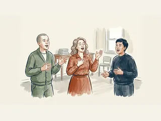 Tres personas adultas cantan juntas en una sala luminosa.