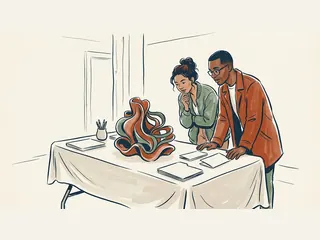 Dos personas observan una escultura abstracta de pliegues orgánicos en una mesa.