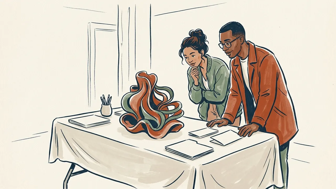Dos personas observan una escultura abstracta de pliegues orgánicos en una mesa.