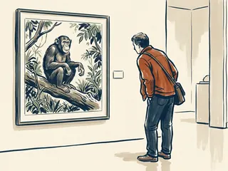 Una persona observa una ilustración de un chimpancé entre ramas en una exposición ficticia.