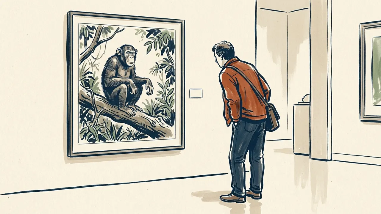 Una persona observa una ilustración de un chimpancé entre ramas en una exposición ficticia.
