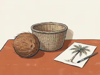 Un coco entero y una cesta junto a un dibujo de una palmera.