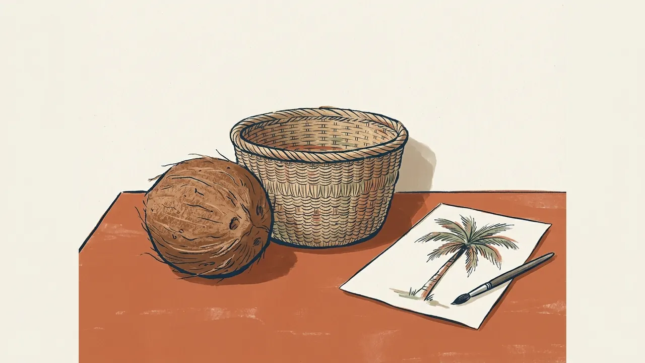 Un coco entero y una cesta junto a un dibujo de una palmera.