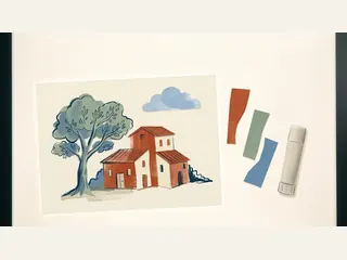 Collage de una casa mediterránea, un árbol y una nube junto a recortes de papel y pegamento