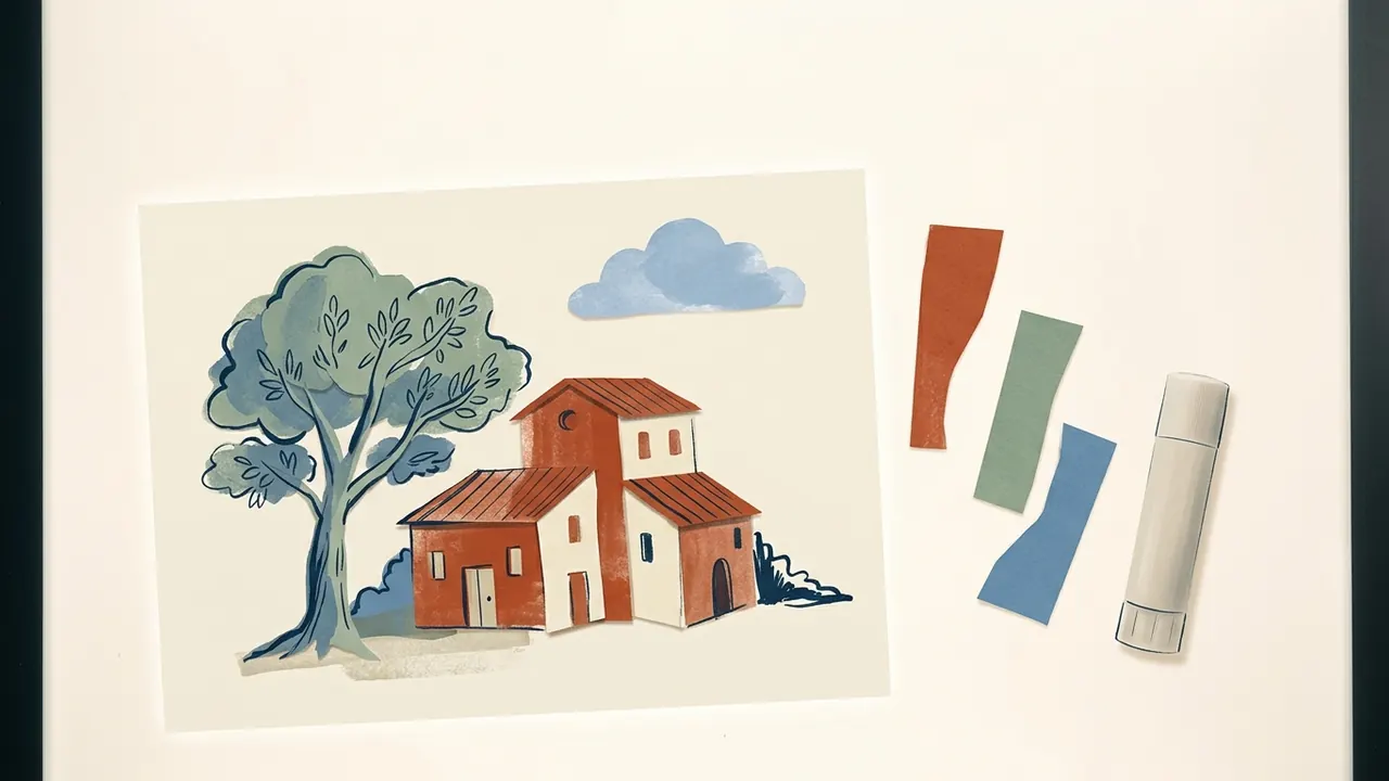 Collage de una casa mediterránea, un árbol y una nube junto a recortes de papel y pegamento