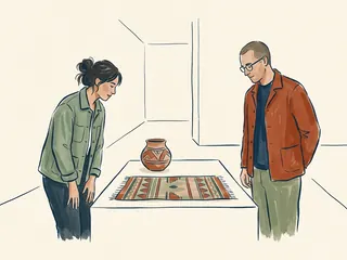 Dos adultos observan una vasija y un tejido de formas geométricas.