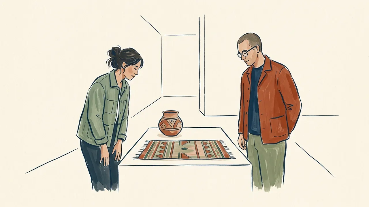 Dos adultos observan una vasija y un tejido de formas geométricas.