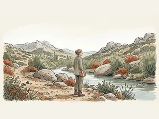 Investigadora con un cuaderno cerrado observando un río desde una senda seca.