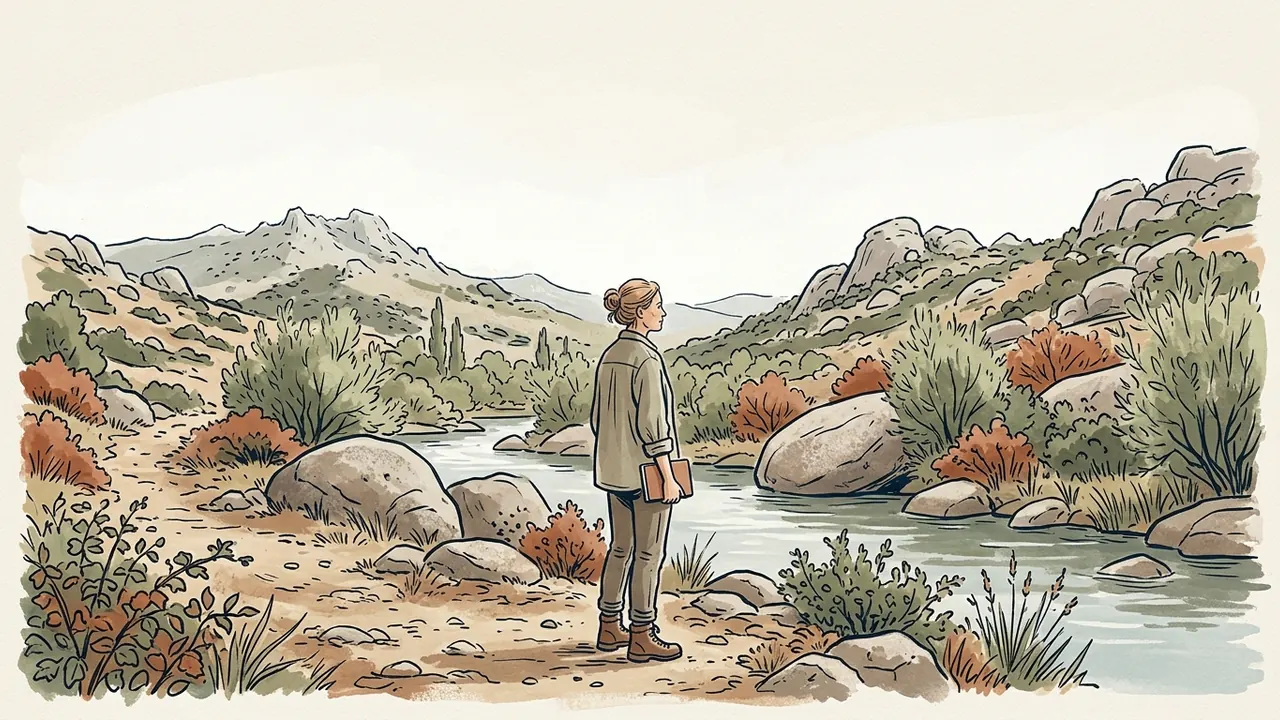 Investigadora con un cuaderno cerrado observando un río desde una senda seca.