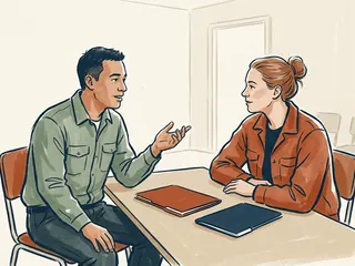 Dos personas conversan junto a carpetas cerradas en una sala de formación.