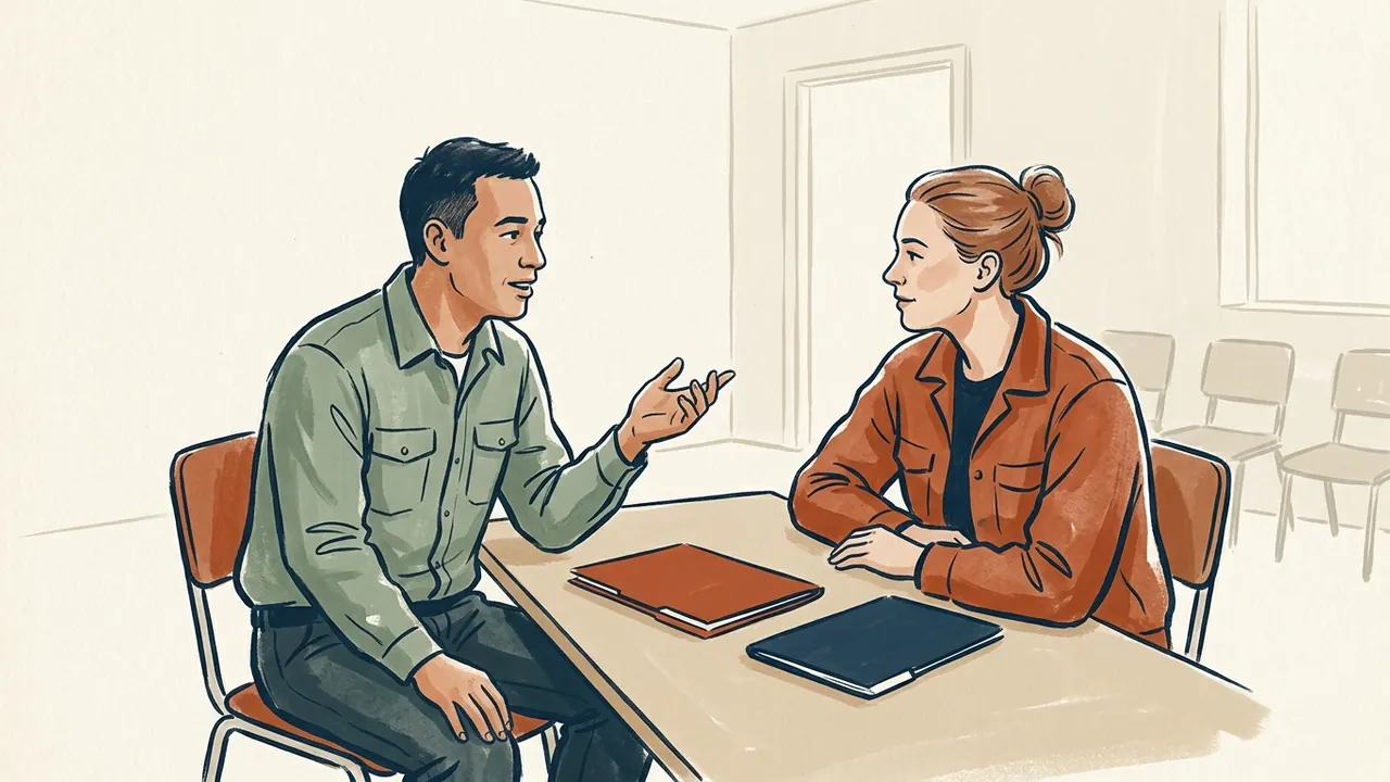 Dos personas conversan junto a carpetas cerradas en una sala de formación.