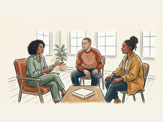 Tres personas adultas conversan en una sala comunitaria junto a una mesa con un libro cerrado.