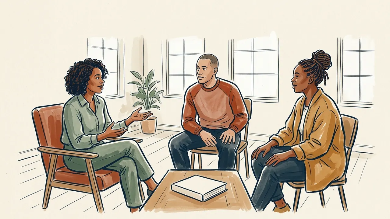 Tres personas adultas conversan en una sala comunitaria junto a una mesa con un libro cerrado.