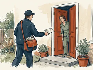 Una persona con bolsa de correo entrega un sobre sin dirección visible a otra persona en la puerta de una casa.