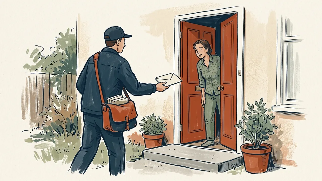 Una persona con bolsa de correo entrega un sobre sin dirección visible a otra persona en la puerta de una casa.