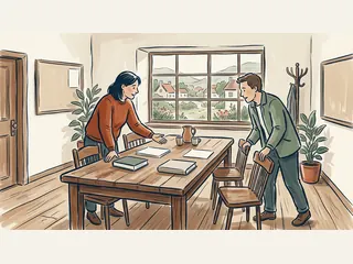 Dos personas preparan una mesa con libros cerrados y sillas en una sala con vistas a un pueblo ilustrado.