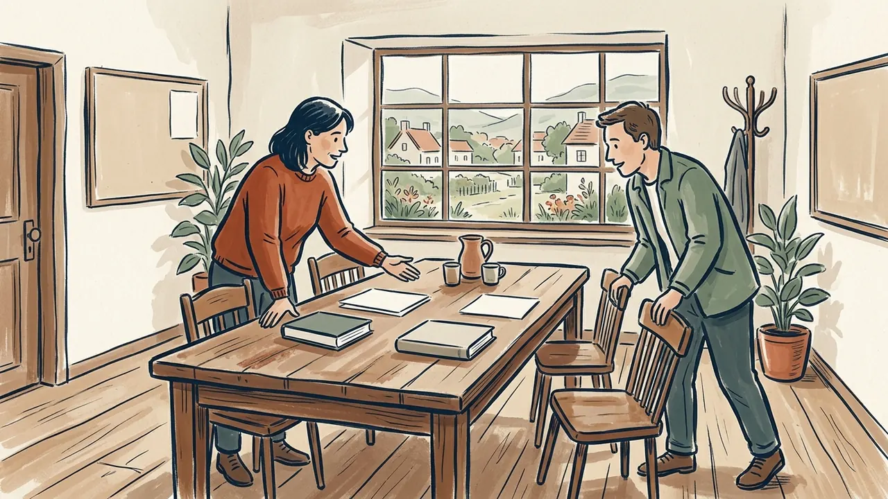 Dos personas preparan una mesa con libros cerrados y sillas en una sala con vistas a un pueblo ilustrado.