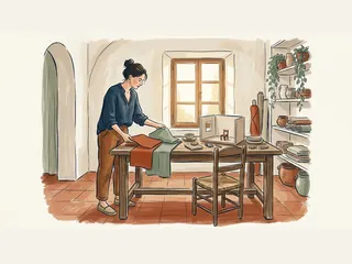 Diseñadora comparando tejidos junto a una maqueta de una habitación.