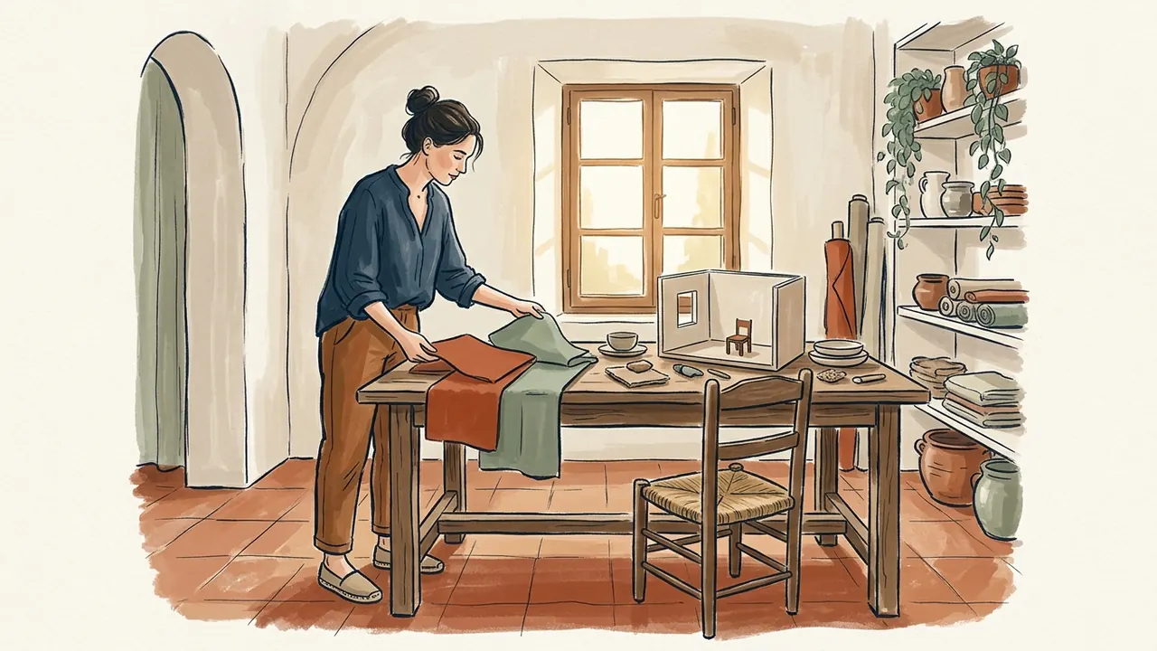 Diseñadora comparando tejidos junto a una maqueta de una habitación.