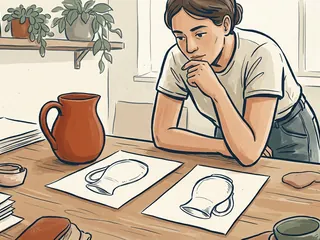 Una persona observa una jarra y dos dibujos de su forma sobre una mesa.