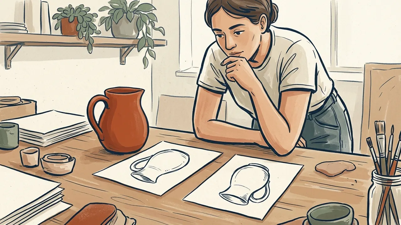 Una persona observa una jarra y dos dibujos de su forma sobre una mesa.