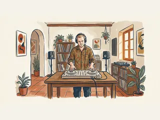 Hombre con auriculares usando un controlador de DJ en una sala de música.
