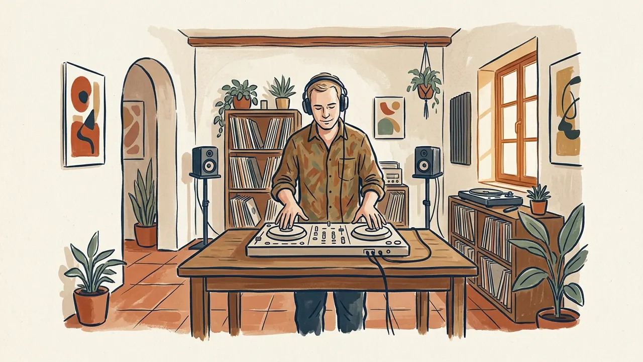 Hombre con auriculares usando un controlador de DJ en una sala de música.