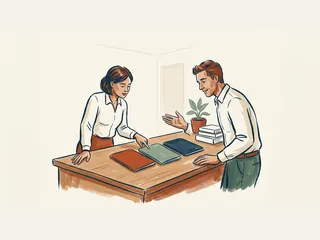 Dos personas comparan tres carpetas de colores sobre una mesa informativa.