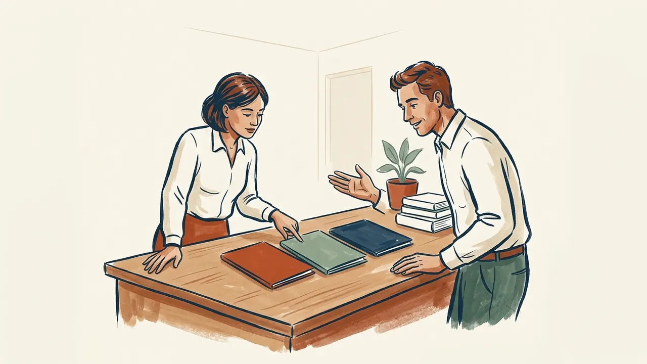 Dos personas comparan tres carpetas de colores sobre una mesa informativa.