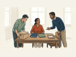 Tres personas preparan una mesa con carpetas cerradas y una caja.