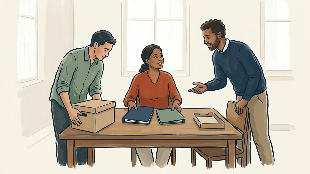 Tres personas preparan una mesa con carpetas cerradas y una caja.