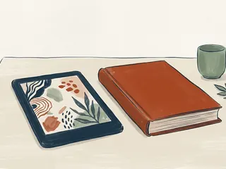 Un lector electrónico con una ilustración abstracta y un libro de cubierta lisa descansan sobre una mesa.