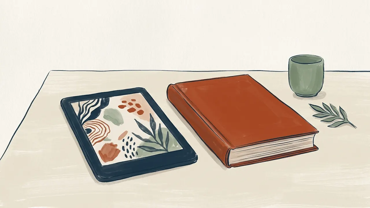Un lector electrónico con una ilustración abstracta y un libro de cubierta lisa descansan sobre una mesa.