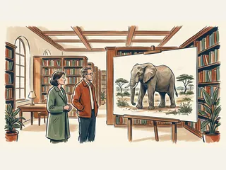 Dos personas contemplan una ilustración de un elefante en una biblioteca ficticia.