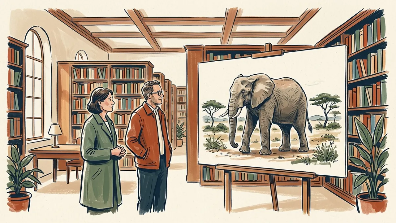 Dos personas contemplan una ilustración de un elefante en una biblioteca ficticia.