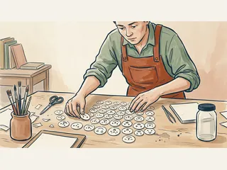 Una persona organiza discos de papel con caras geométricas sobre una mesa de taller.