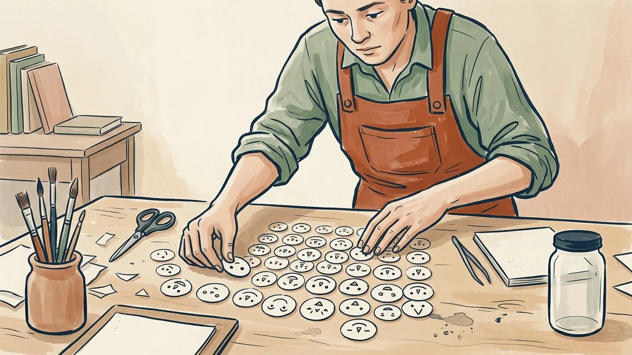 Una persona organiza discos de papel con caras geométricas sobre una mesa de taller.