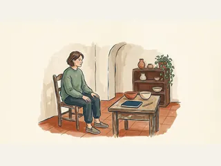 Una mujer sentada junto a una mesa con cuencos de cerámica y un cuaderno en un estudio.
