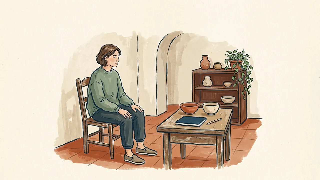 Una mujer sentada junto a una mesa con cuencos de cerámica y un cuaderno en un estudio.